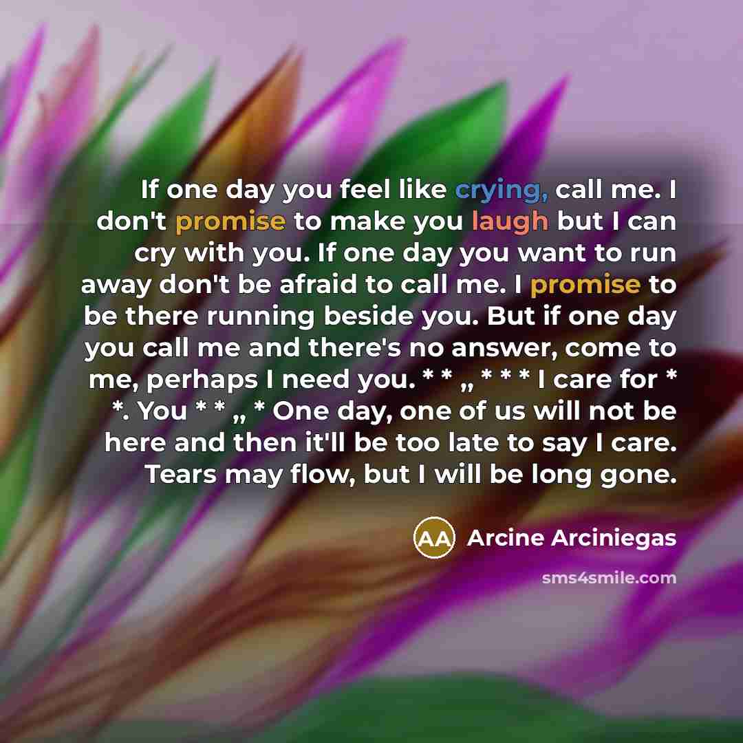 “If one day you feel like crying, call me. I don't promise to make you laugh but I can cry with you. If one day you want to run away don't be afraid to call me. I promise to be there running beside you. But if one day you call me and there's no answer, come to me, perhaps I need you. * * ,, * * * I…” quote by Arcine Arciniegas