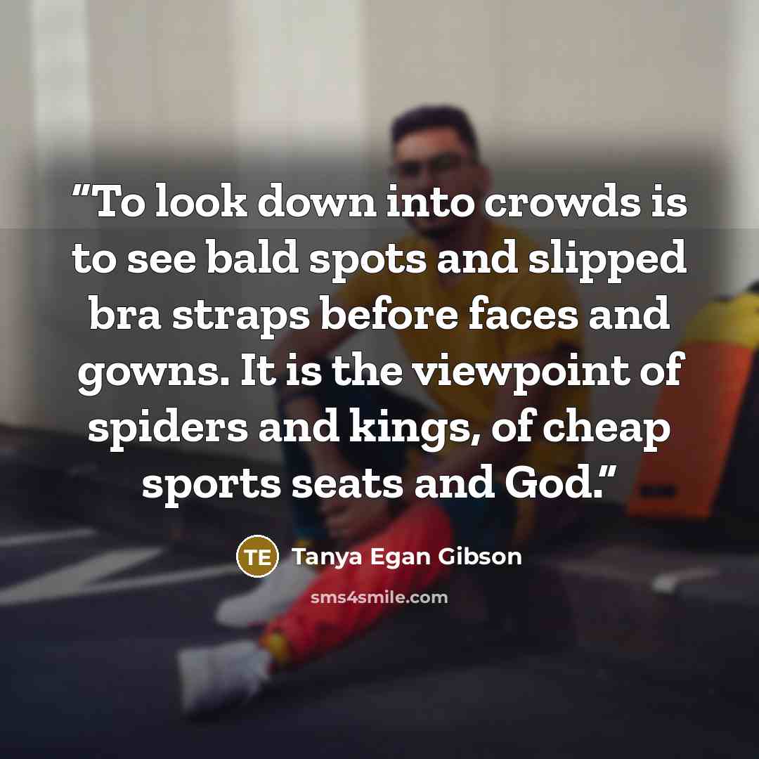 “To look down into crowds is to see bald spots and slipped bra straps before faces and gowns. It is the viewpoint of spiders and kings, of cheap sports seats and God.” quote by Tanya Egan Gibson
