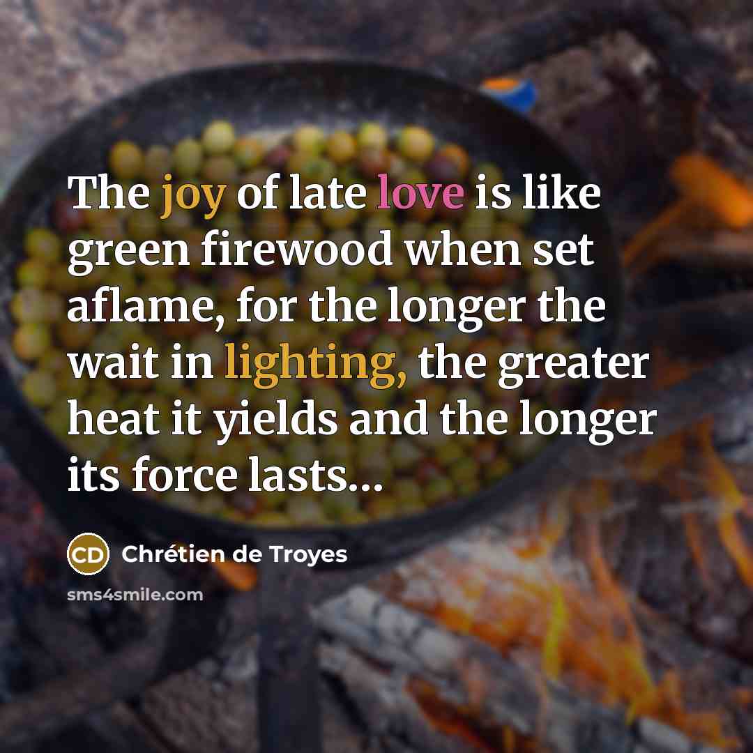 “The joy of late love is like green firewood when set aflame, for the longer the wait in lighting, the greater heat it yields and the longer its force lasts…” quote by Chretien de Troyes