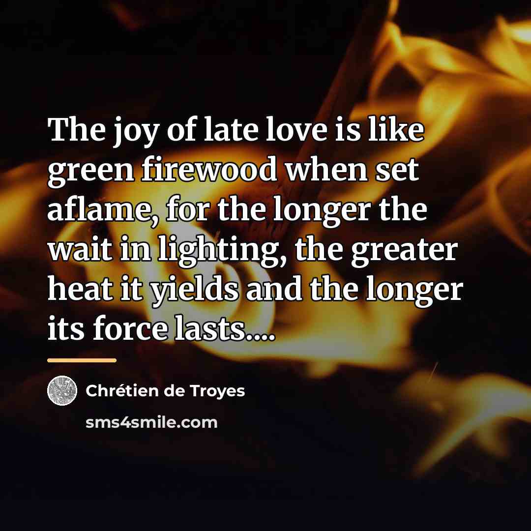 “The joy of late love is like green firewood when…” quote by Chretien de Troyes