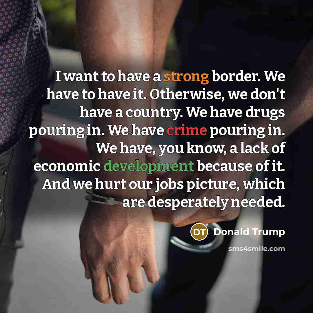 “I want to have a strong border. We have to have it. Otherwise, we don't have a country. We have drugs pouring in. We have crime pouring in. We have, you know, a lack of economic development because of it. And we hurt our jobs picture, which are desperately needed.” quote by Donald Trump