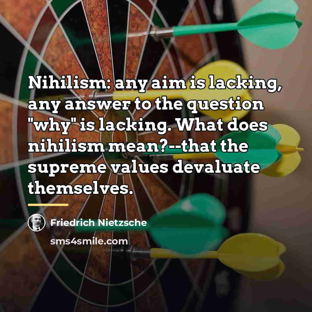 “Nihilism: any aim is lacking, any answer to the question…” quote by Friedrich Nietzsche