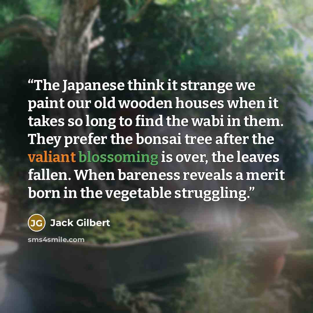 “The Japanese think it strange we paint our old wooden houses when it takes so long to find the wabi in them. They prefer the bonsai tree after the valiant blossoming is over, the leaves fallen. When bareness reveals a merit born in the vegetable struggling.” quote by Jack Gilbert