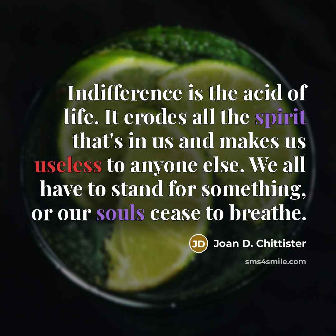 “Indifference is the acid of life. It erodes all the…” quote by Joan D. Chittister