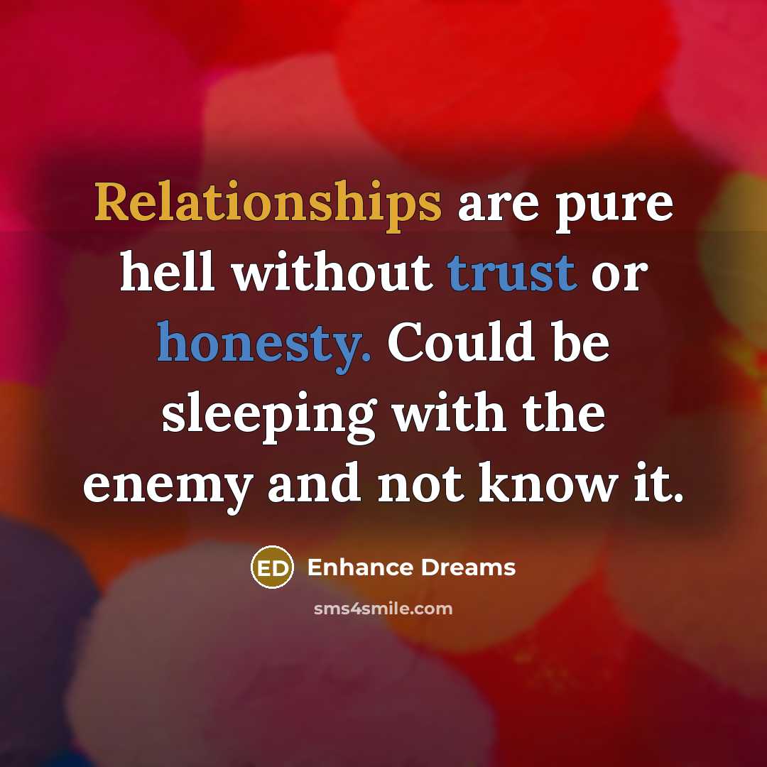 “Relationships are pure hell without trust or honesty. Could be sleeping with the enemy and not know it.” quote by Enhance Dreams