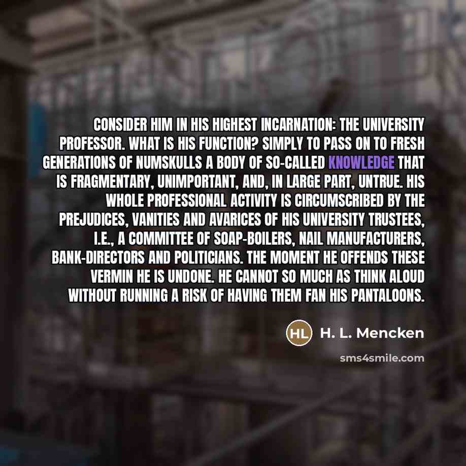 “Consider him in his highest incarnation: the university professor. What…” quote by H. L. Mencken