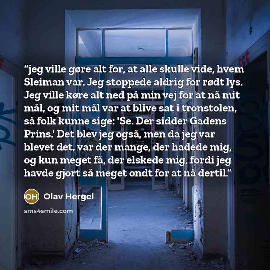 “jeg ville gøre alt for, at alle skulle vide, hvem Sleiman var. Jeg stoppede aldrig for rødt lys. Jeg ville køre alt ned på min vej for at nå mit mål, og mit mål var at blive sat i tronstolen, så folk kunne sige: 'Se. Der sidder Gadens Prins.' Det blev jeg også, men da jeg var blevet det, var der…” quote by Olav Hergel