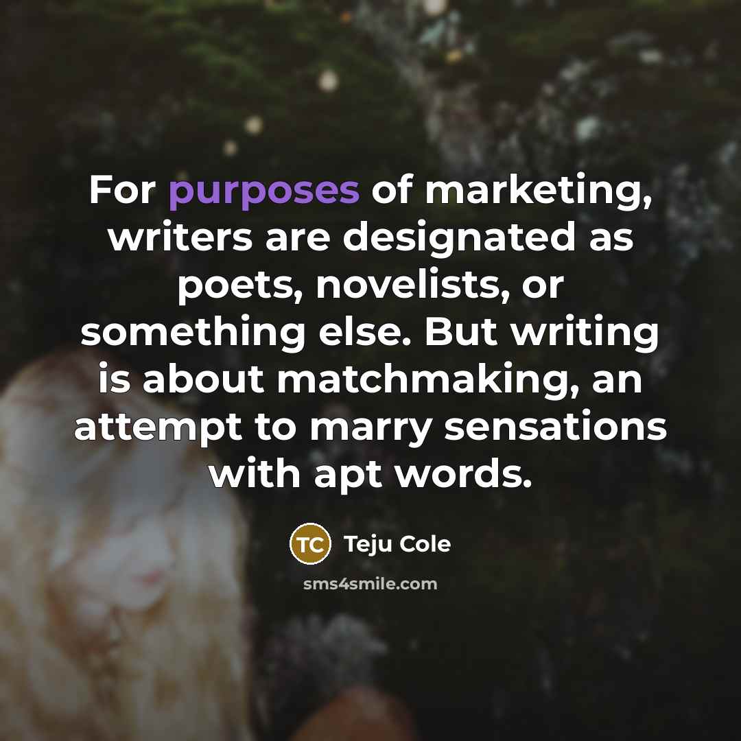 “For purposes of marketing, writers are designated as poets, novelists,…” quote by Teju Cole