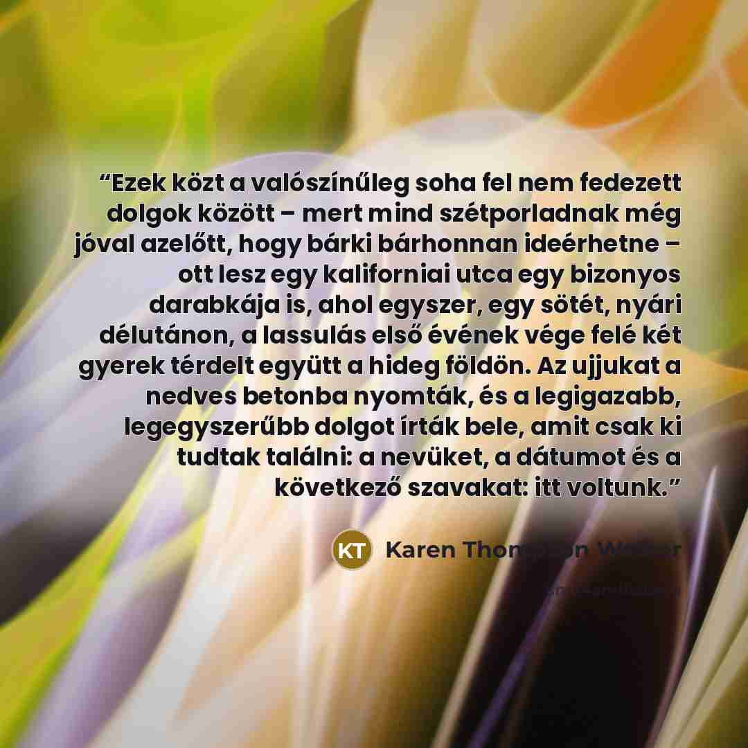 “Ezek közt a valószínűleg soha fel nem fedezett dolgok között – mert mind szétporladnak még jóval azelőtt, hogy bárki bárhonnan ideérhetne – ott lesz egy kaliforniai utca egy bizonyos darabkája is, ahol egyszer, egy sötét, nyári délutánon, a lassulás első évének vége felé két gyerek térdelt együtt…” quote by Karen Thompson Walker
