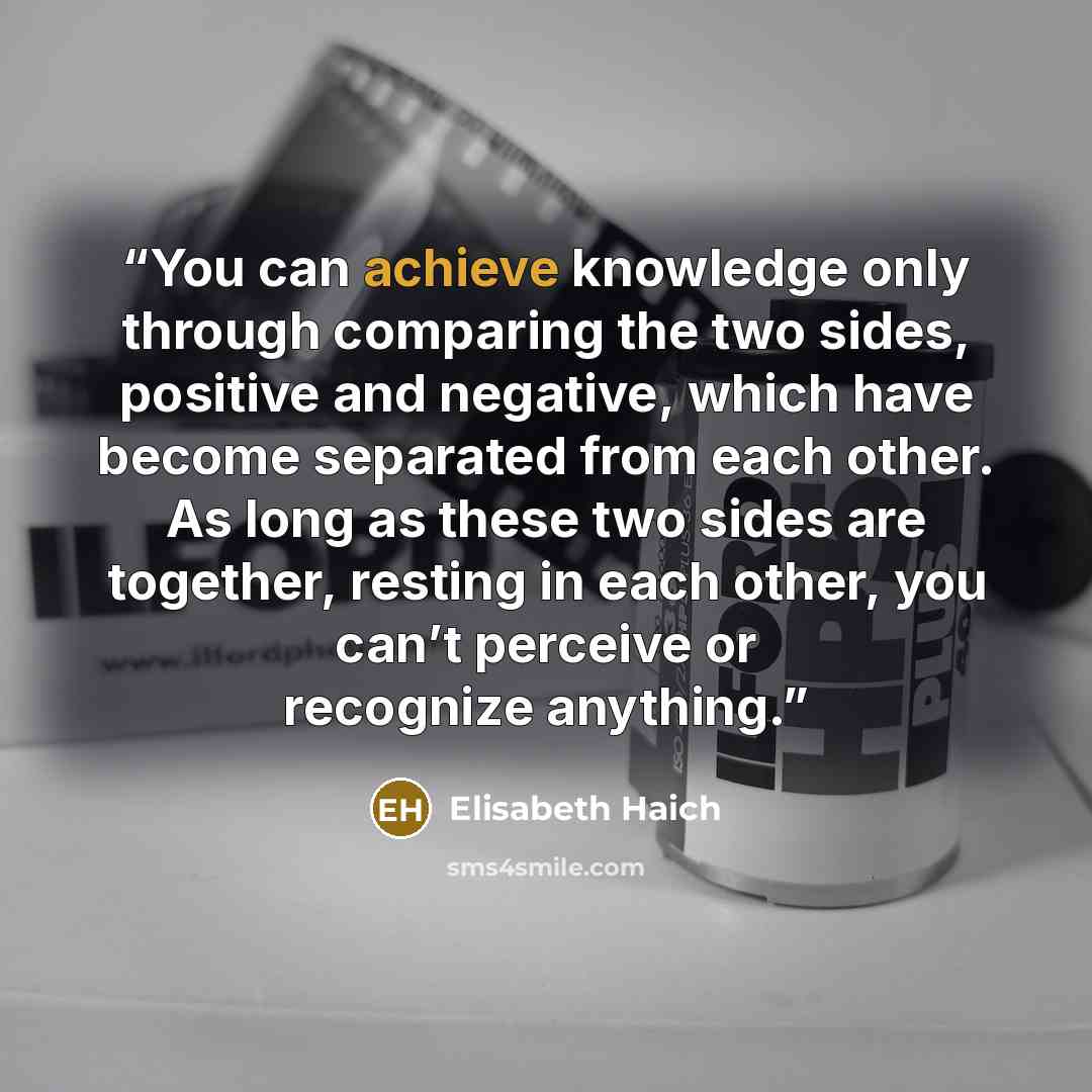 “You can achieve knowledge only through comparing the two sides, positive and negative, which have become separated from each other. As long as these two sides are together, resting in each other, you can’t perceive or recognize anything.” quote by Elisabeth Haich