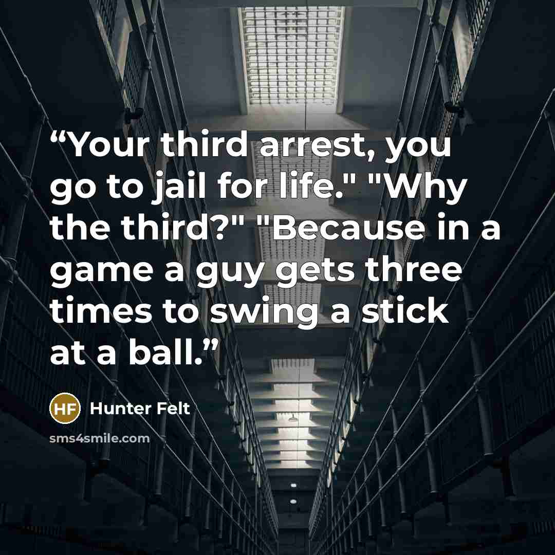 “Your third arrest, you go to jail for life." "Why the third?" "Because in a game a guy gets three times to swing a stick at a ball.” quote by Hunter Felt
