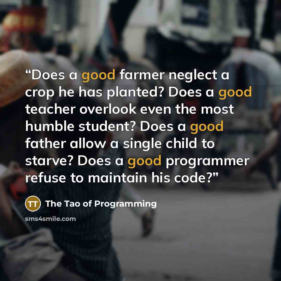 “Does a good farmer neglect a crop he has planted? Does a good teacher overlook even the most humble student? Does a good father allow a single child to starve? Does a good programmer refuse to maintain his code?” quote by The Tao of Programming