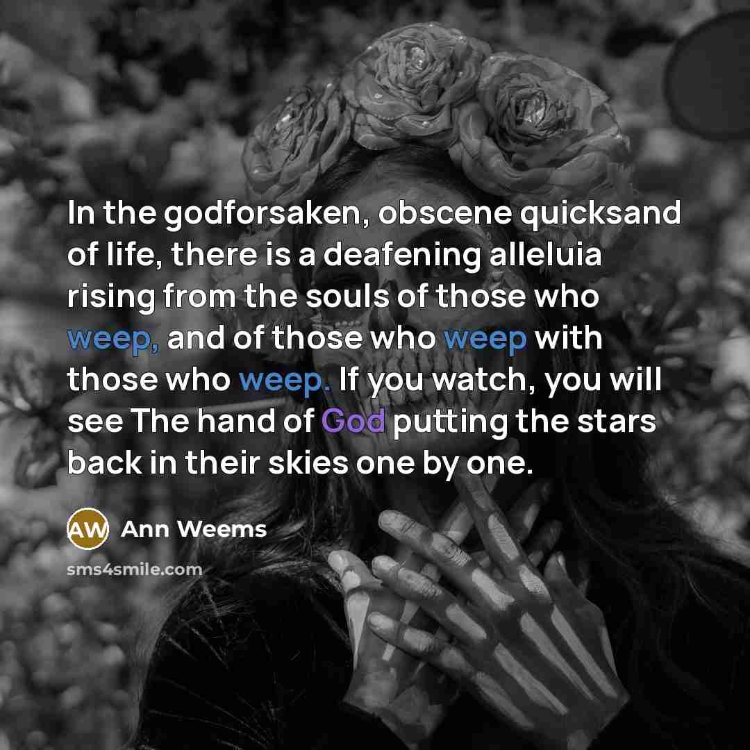 “In the godforsaken, obscene quicksand of life, there is a deafening alleluia rising from the souls of those who weep, and of those who weep with those who weep. If you watch, you will see The hand of God putting the stars back in their skies one by one.” quote by Ann Weems