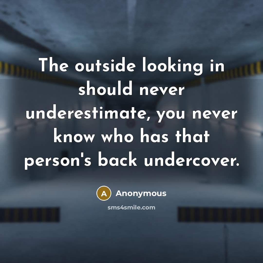 “The outside looking in should never underestimate, you never know who has that person's back undercover.” quote by Anonymous