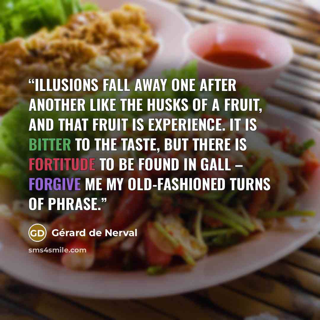 “Illusions fall away one after another like the husks of a fruit, and that fruit is experience. It is bitter to the taste, but there is fortitude to be found in gall – forgive me my old-fashioned turns of phrase.” quote by Gérard de Nerval