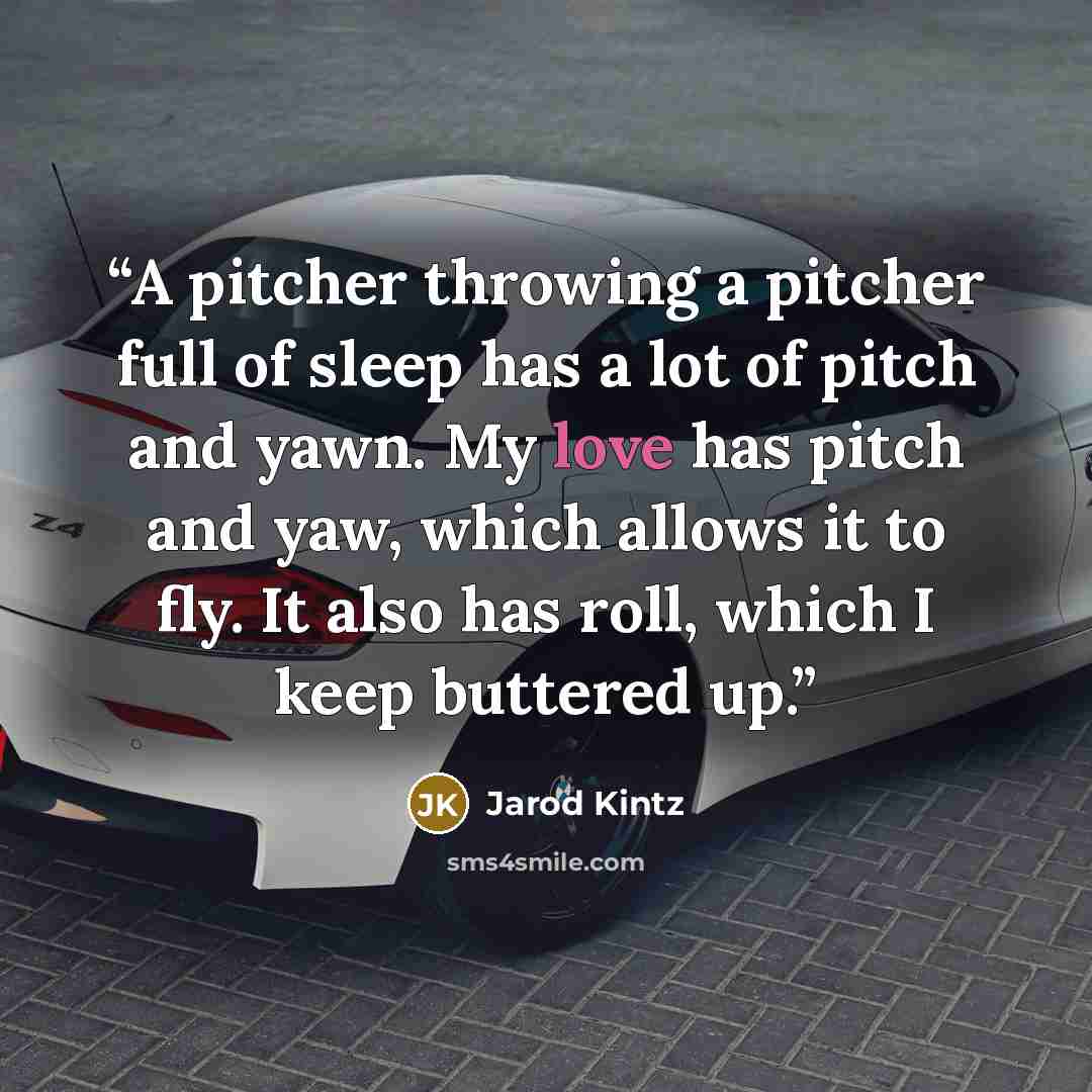 “A pitcher throwing a pitcher full of sleep has a lot of pitch and yawn. My love has pitch and yaw, which allows it to fly. It also has roll, which I keep buttered up.” quote by Jarod Kintz