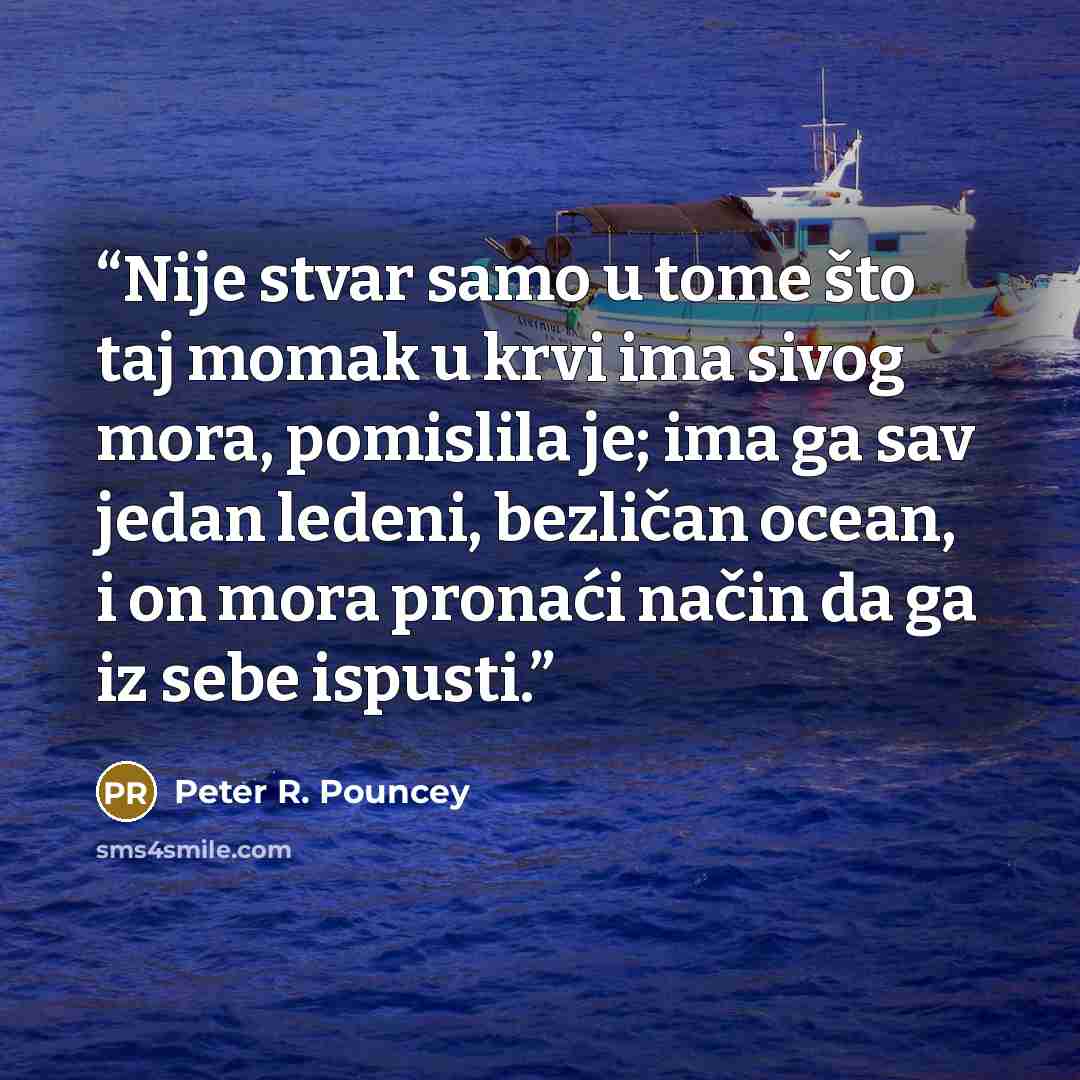 “Nije stvar samo u tome što taj momak u krvi ima sivog mora, pomislila je; ima ga sav jedan ledeni, bezličan ocean, i on mora pronaći način da ga iz sebe ispusti.” quote by Peter R. Pouncey