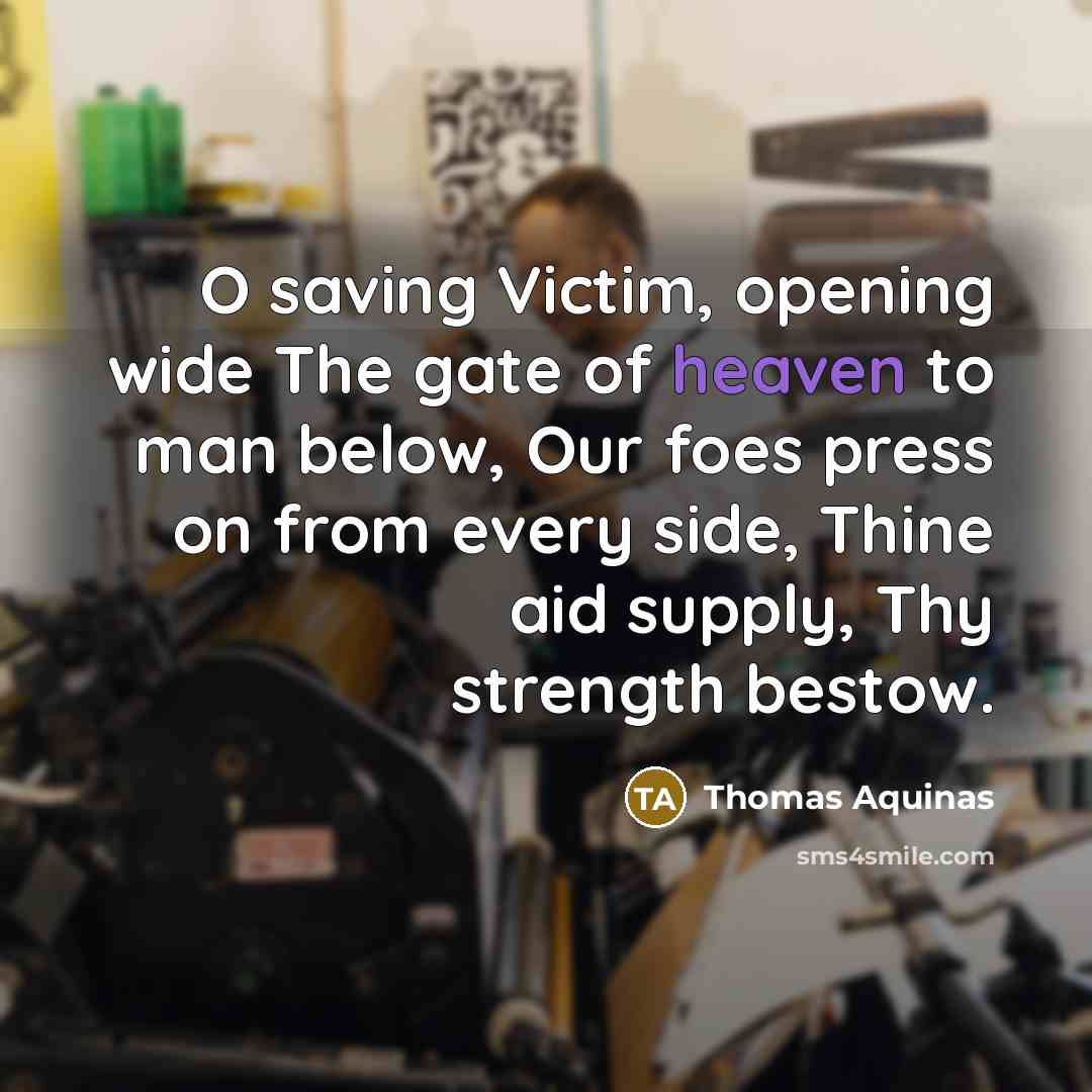 “O saving Victim, opening wide The gate of heaven to…” quote by Thomas Aquinas