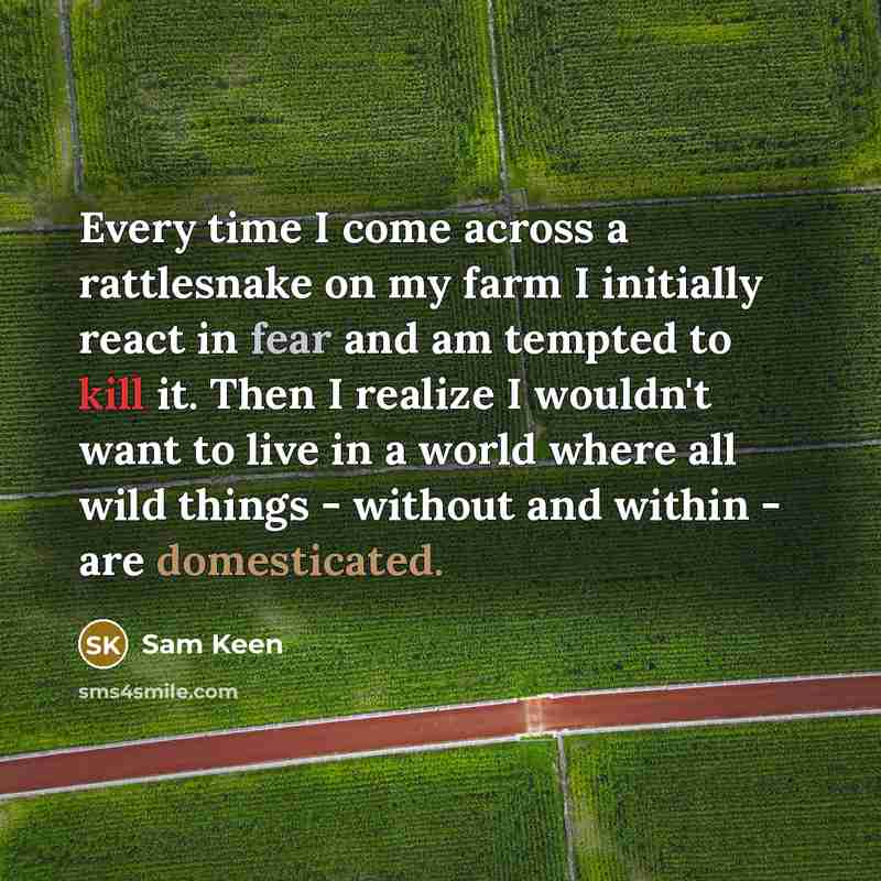 “Every time I come across a rattlesnake on my farm I initially react in fear and am tempted to kill it. Then I realize I wouldn't want to live in a world where all wild things - without and within - are domesticated.” quote by Sam Keen