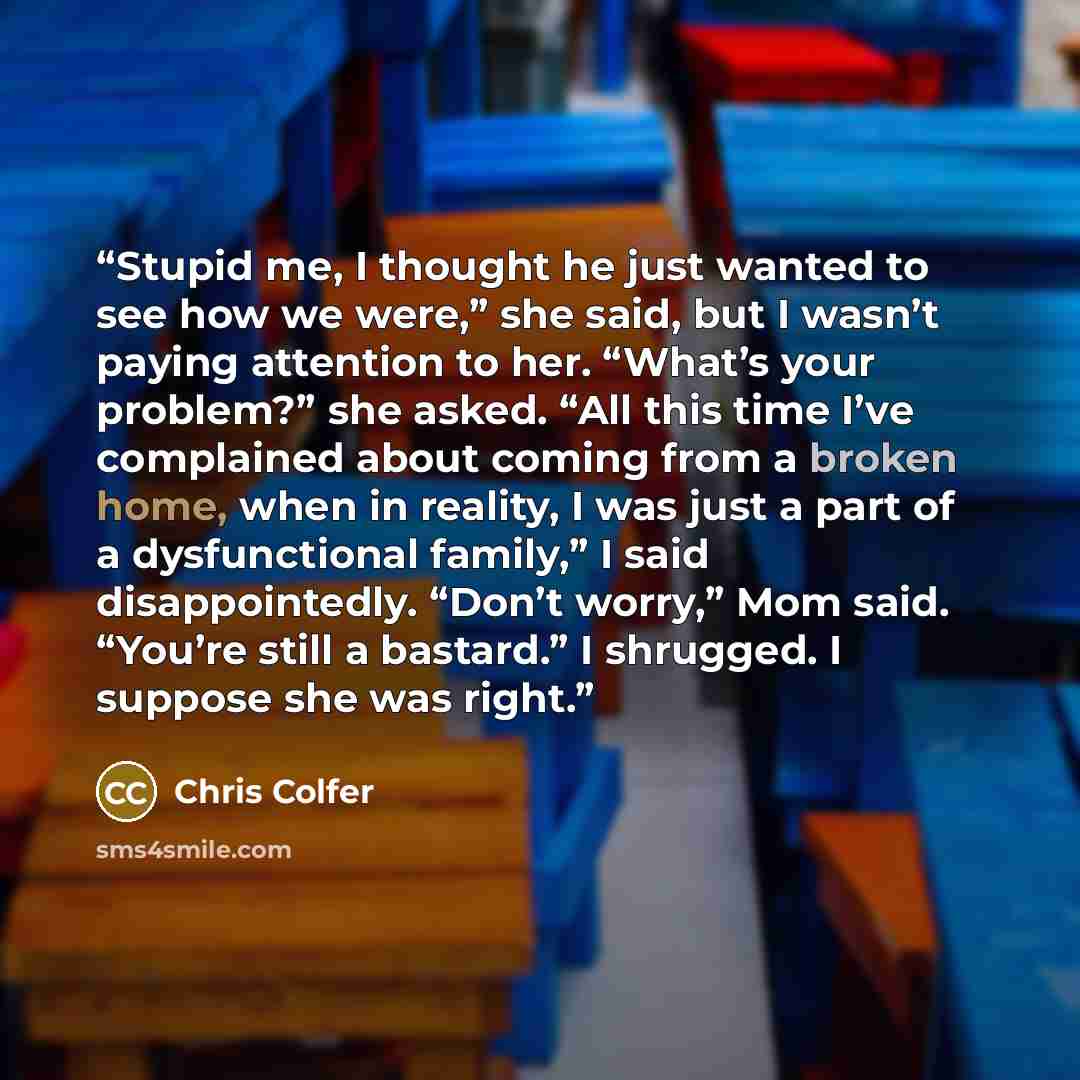 “Stupid me, I thought he just wanted to see how we were,” she said, but I wasn’t paying attention to her. “What’s your problem?” she asked. “All this time I’ve complained about coming from a broken home, when in reality, I was just a part of a dysfunctional family,” I said disappointedly. “Don’t…” quote by Chris Colfer