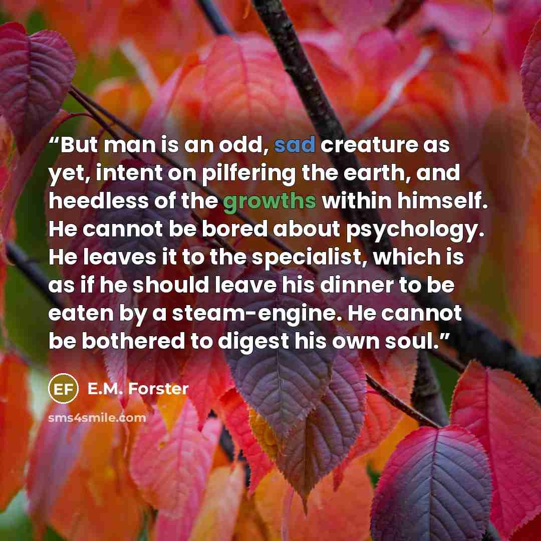 “But man is an odd, sad creature as yet, intent on pilfering the earth, and heedless of the growths within himself. He cannot be bored about psychology. He leaves it to the specialist, which is as if he should leave his dinner to be eaten by a steam-engine. He cannot be bothered to digest his own…” quote by E.M. Forster