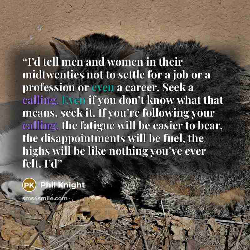 “I’d tell men and women in their midtwenties not to settle for a job or a profession or even a career. Seek a calling. Even if you don’t know what that means, seek it. If you’re following your calling, the fatigue will be easier to bear, the disappointments will be fuel, the highs will be like…” quote by Phil Knight