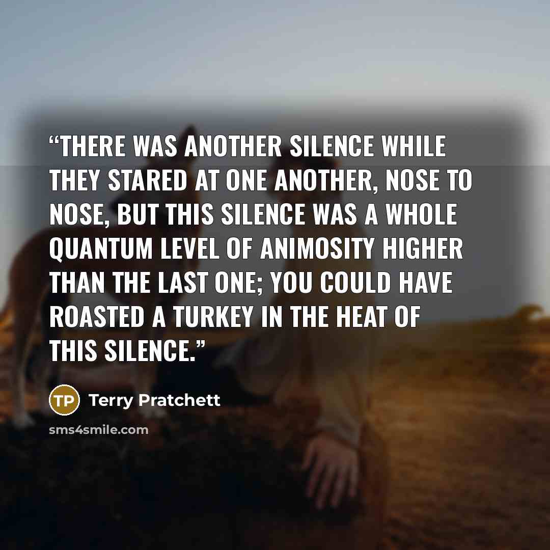 “There was another silence while they stared at one another, nose to nose, but this silence was a whole quantum level of animosity higher than the last one; you could have roasted a turkey in the heat of this silence.” quote by Terry Pratchett