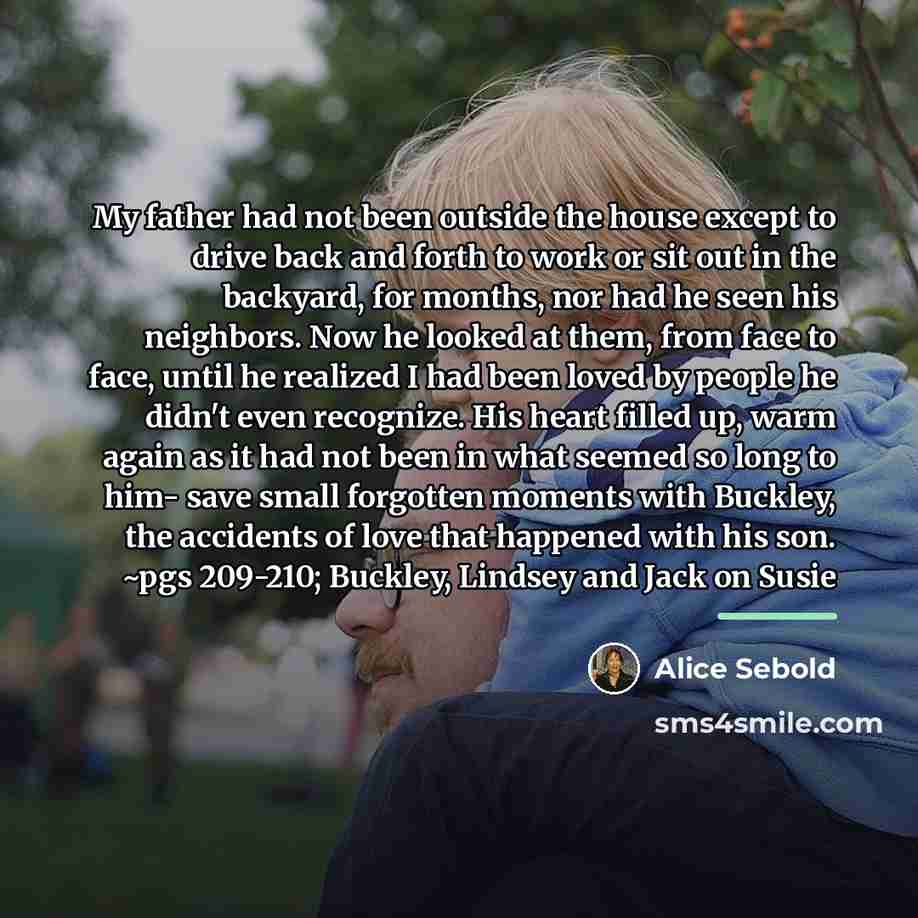 “My father had not been outside the house except to…” quote by Alice Sebold