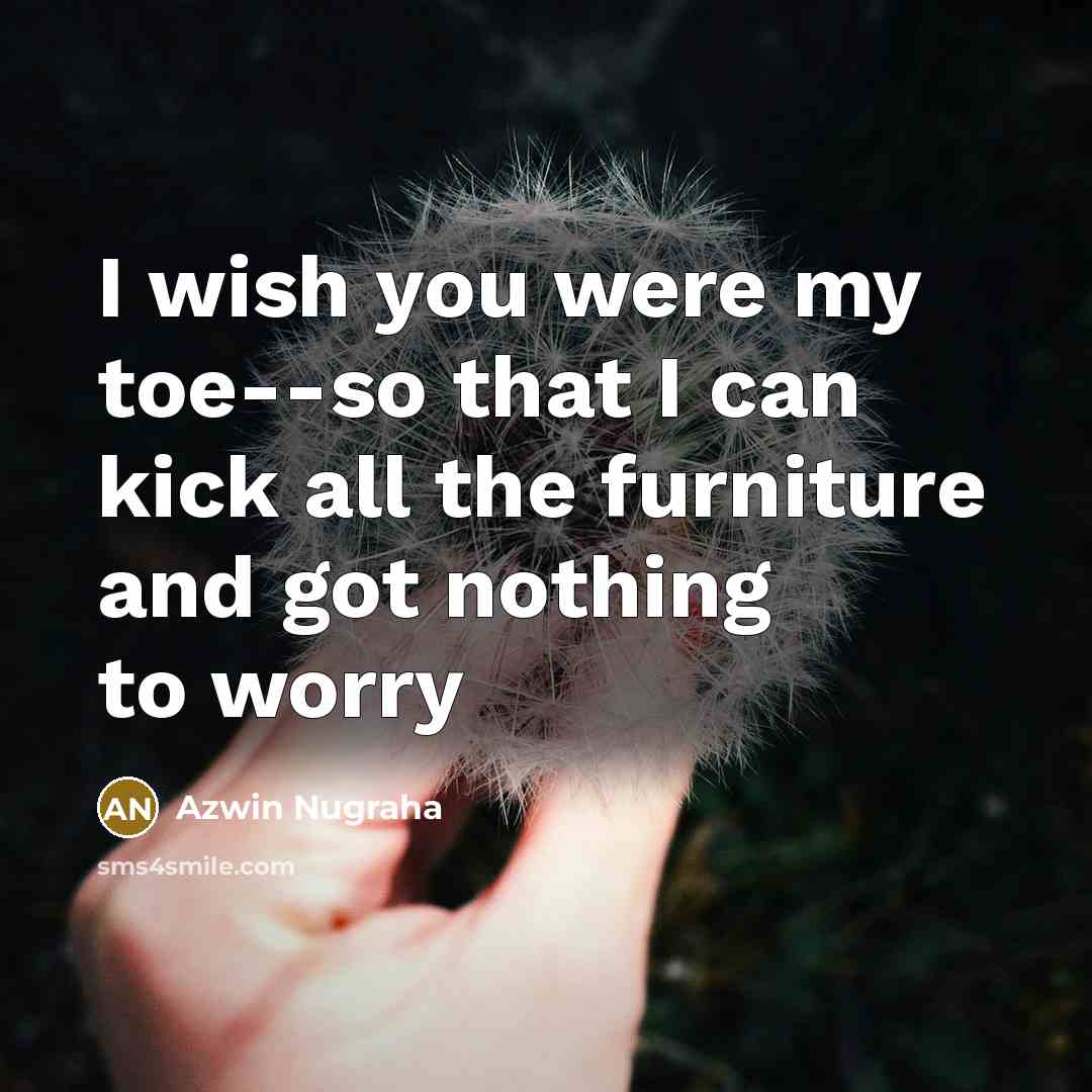 “I wish you were my toe--so that I can kick all the furniture and got nothing to worry” quote by Azwin Nugraha