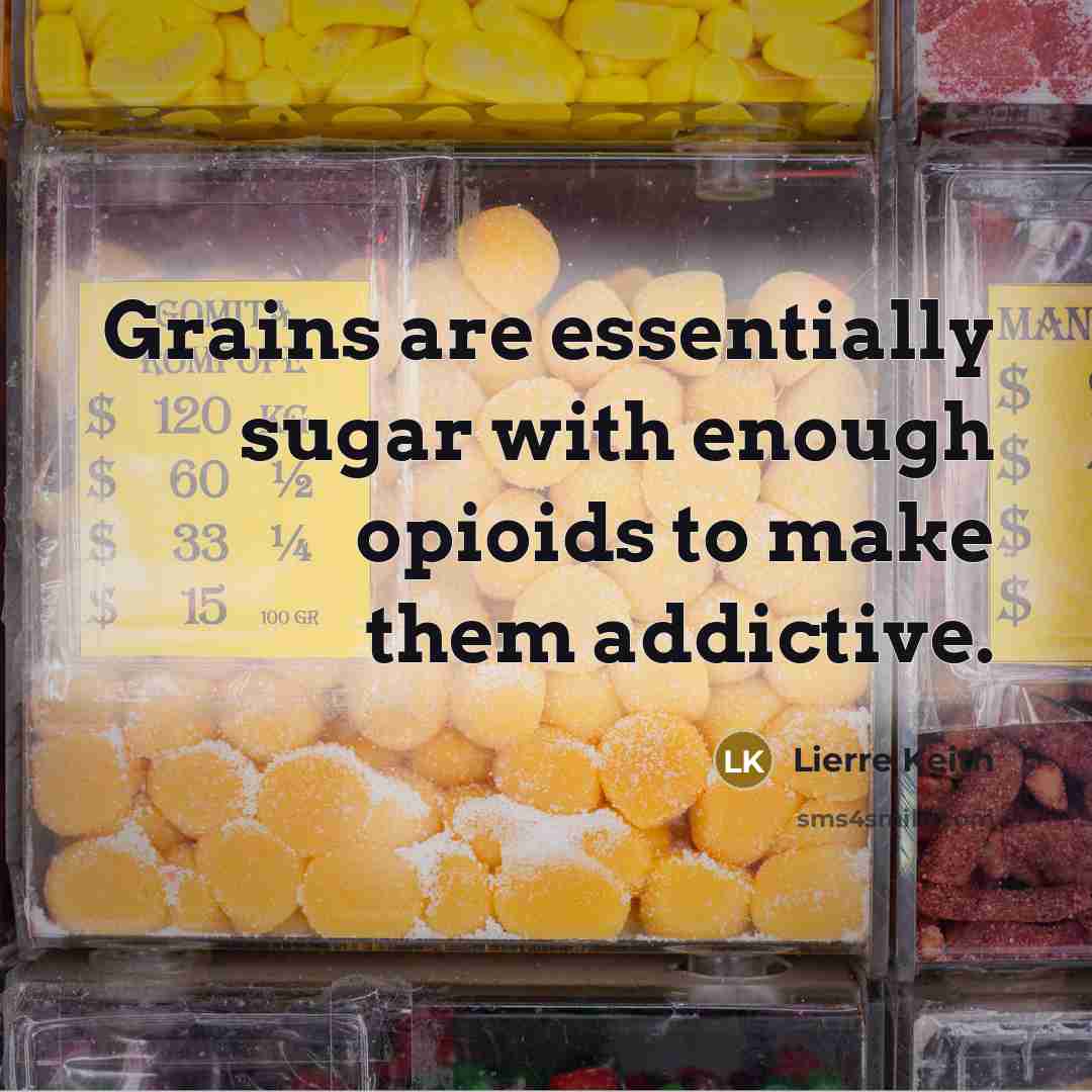 “Grains are essentially sugar with enough opioids to make them…” quote by Lierre Keith