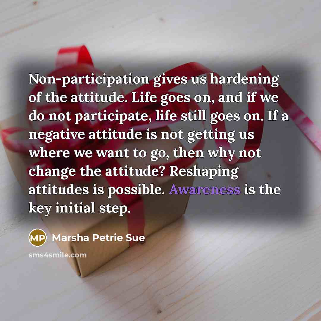 “Non-participation gives us hardening of the attitude. Life goes on,…” quote by Marsha Petrie Sue