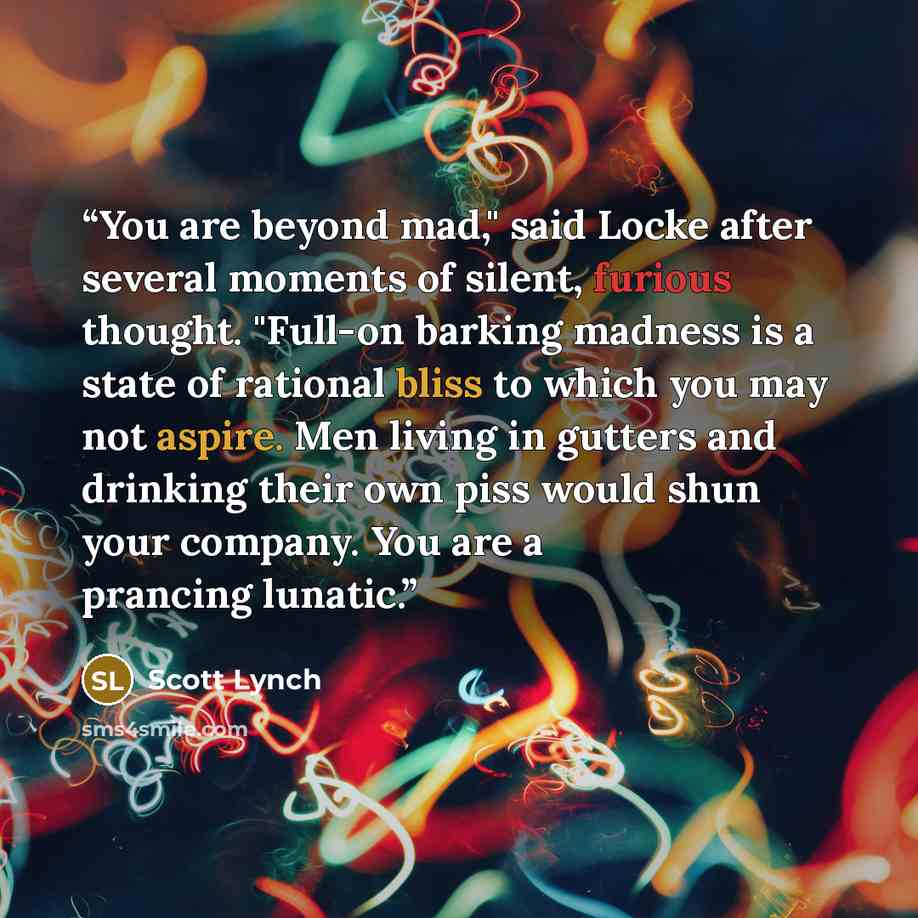 “You are beyond mad," said Locke after several moments of silent, furious thought. "Full-on barking madness is a state of rational bliss to which you may not aspire. Men living in gutters and drinking their own piss would shun your company. You are a prancing lunatic.” quote by Scott Lynch