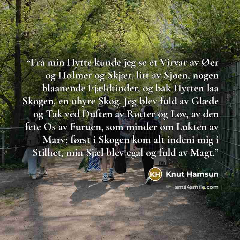 “Fra min Hytte kunde jeg se et Virvar av Øer og Holmer og Skjær, litt av Sjøen, nogen blaanende Fjældtinder, og bak Hytten laa Skogen, en uhyre Skog. Jeg blev fuld av Glæde og Tak ved Duften av Røtter og Løv, av den fete Os av Furuen, som minder om Lukten av Marv; først i Skogen kom alt indeni mig…” quote by Knut Hamsun