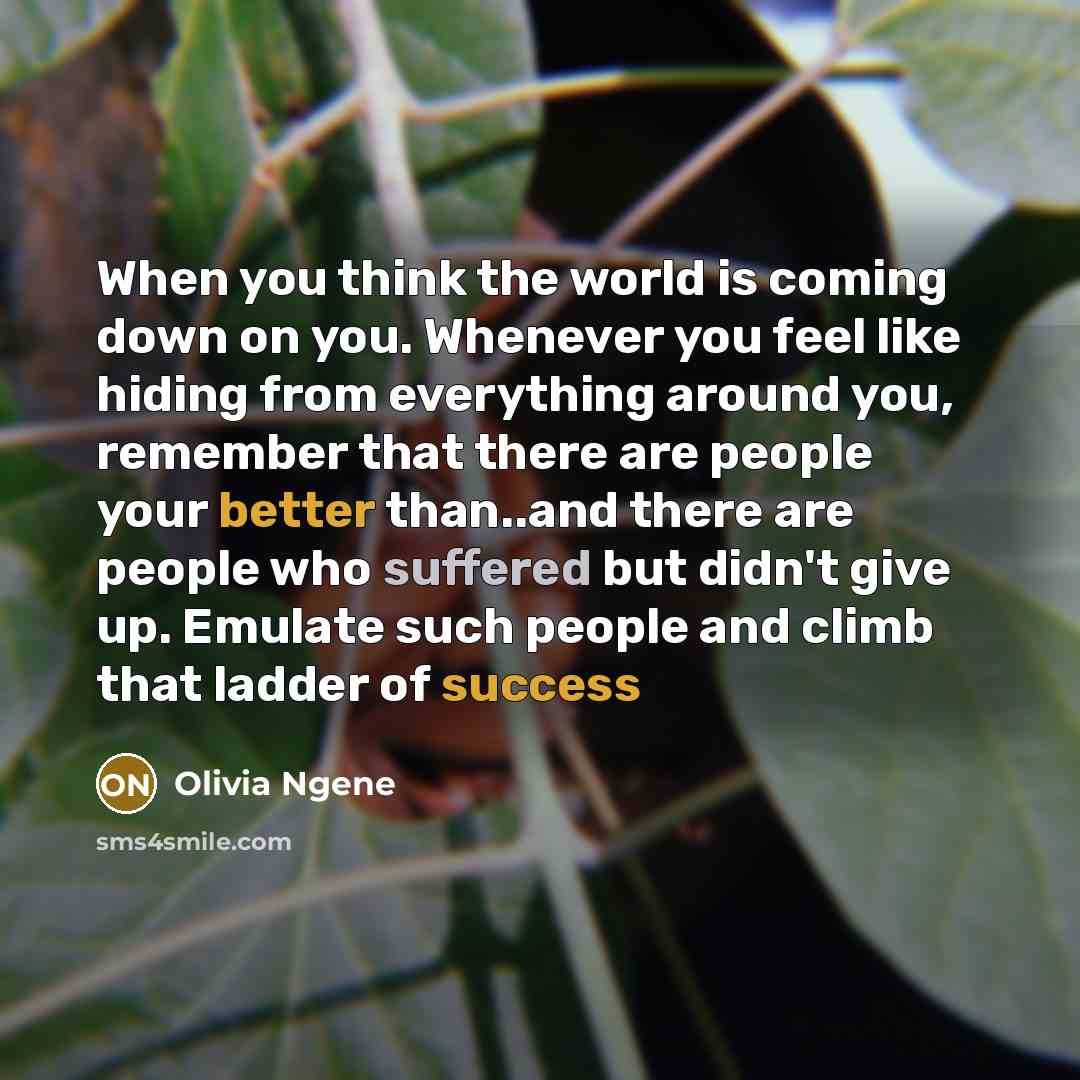 “When you think the world is coming down on you. Whenever you feel like hiding from everything around you, remember that there are people your better than..and there are people who suffered but didn't give up. Emulate such people and climb that ladder of success” quote by Olivia Ngene