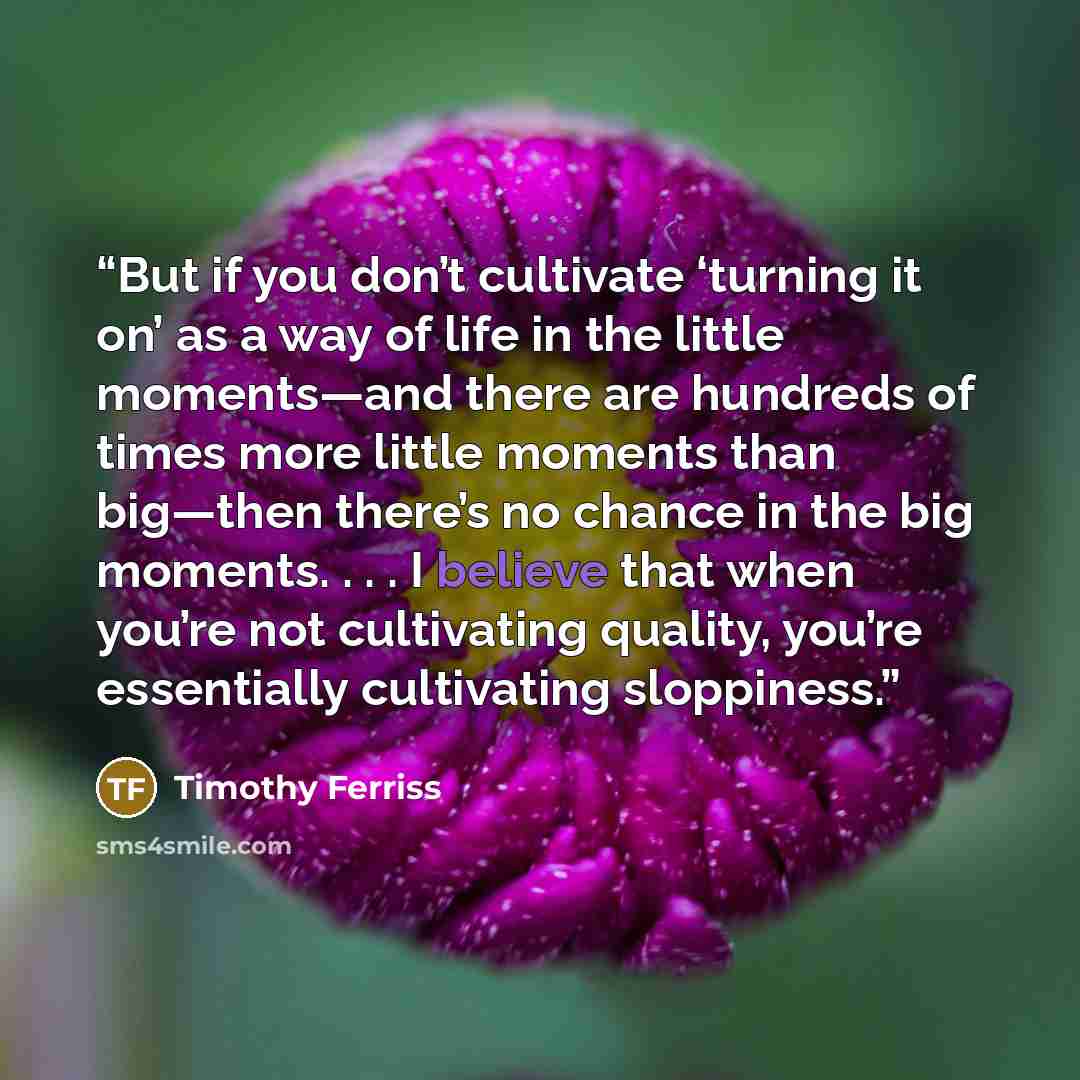 “But if you don’t cultivate ‘turning it on’ as a way of life in the little moments—and there are hundreds of times more little moments than big—then there’s no chance in the big moments. . . . I believe that when you’re not cultivating quality, you’re essentially cultivating sloppiness.” quote by Timothy Ferriss