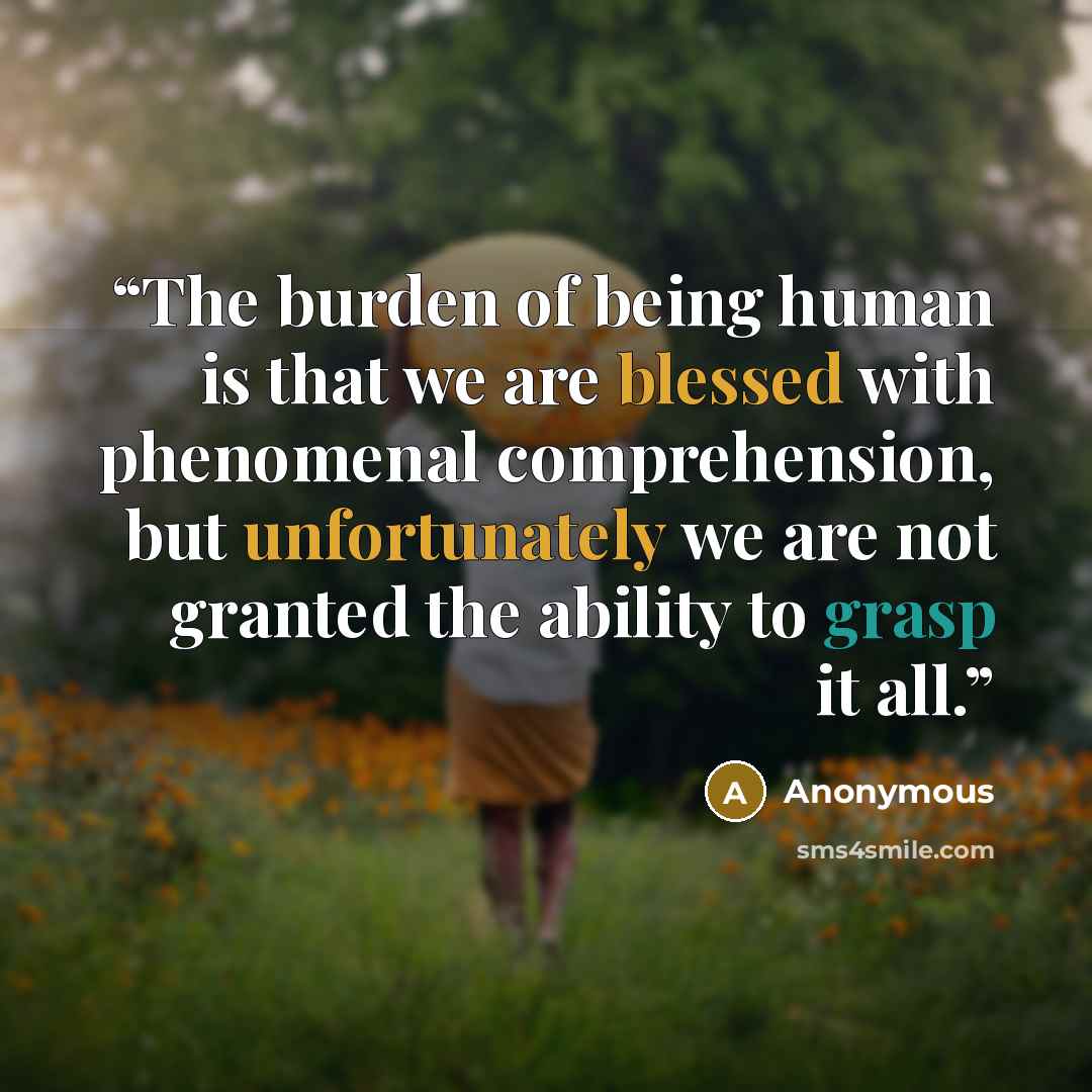 “The burden of being human is that we are blessed with phenomenal comprehension, but unfortunately we are not granted the ability to grasp it all.” quote by Anonymous