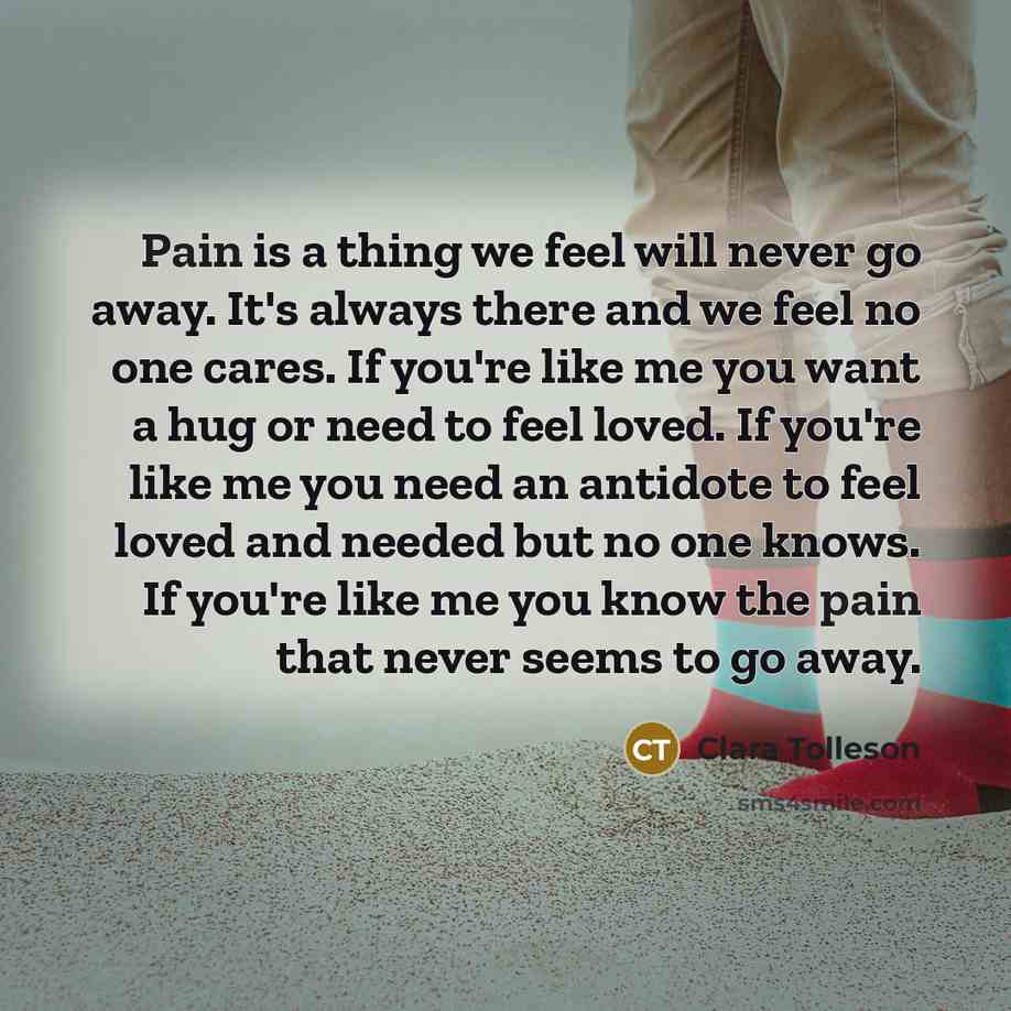 “Pain is a thing we feel will never go away. It's always there and we feel no one cares. If you're like me you want a hug or need to feel loved. If you're like me you need an antidote to feel loved and needed but no one knows. If you're like me you know the pain that never seems to go away.” quote by Clara Tolleson