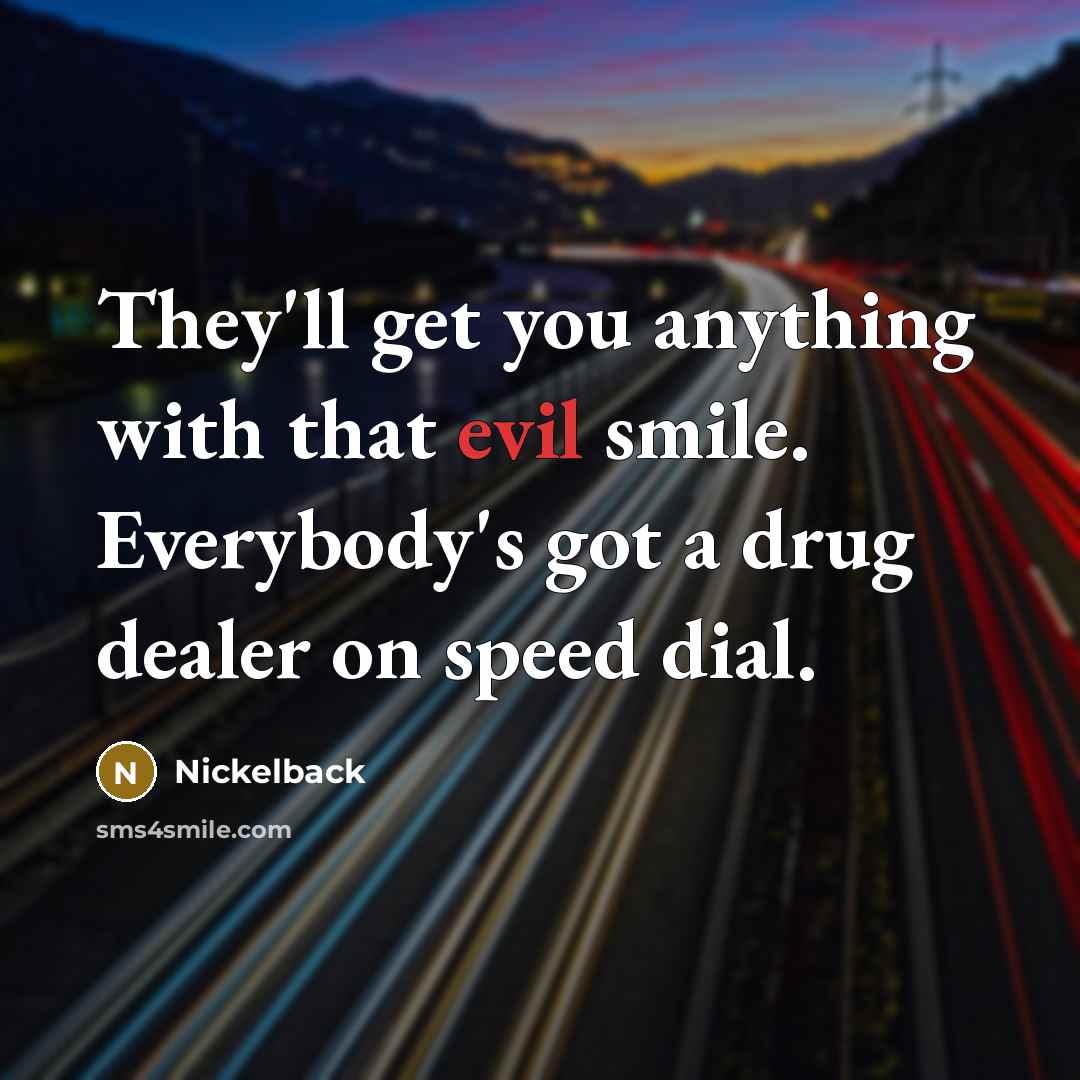 “They'll get you anything with that evil smile. Everybody's got a drug dealer on speed dial.” quote by Nickelback