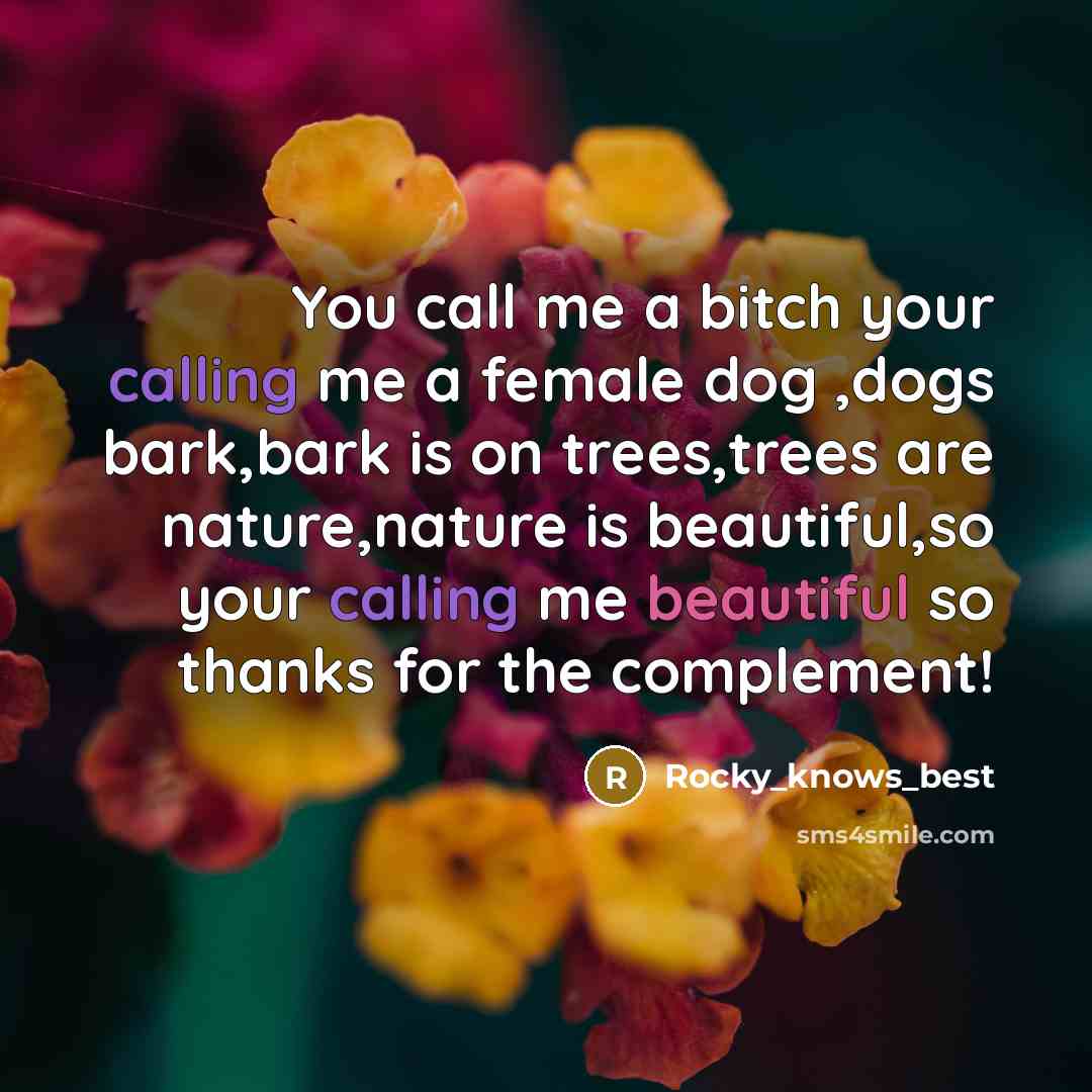 “You call me a bitch your calling me a female dog ,dogs bark,bark is on trees,trees are nature,nature is beautiful,so your calling me beautiful so thanks for the complement!” quote by Rocky_knows_best