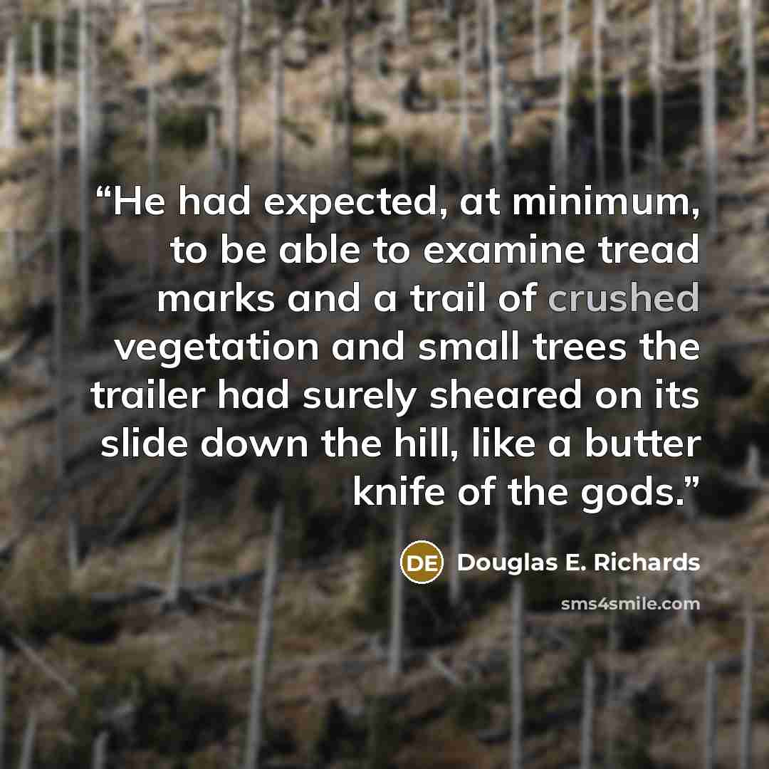 “He had expected, at minimum, to be able to examine tread marks and a trail of crushed vegetation and small trees the trailer had surely sheared on its slide down the hill, like a butter knife of the gods.” quote by Douglas E. Richards
