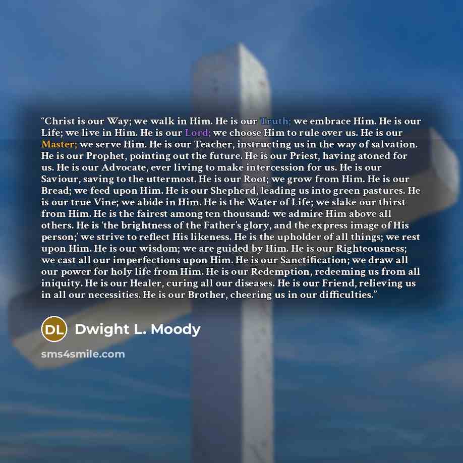 “Christ is our Way; we walk in Him. He is our Truth; we embrace Him. He is our Life; we live in Him. He is our Lord; we choose Him to rule over us. He is our Master; we serve Him. He is our Teacher, instructing us in the way of salvation. He is our Prophet, pointing out the future. He is our…” quote by Dwight L. Moody