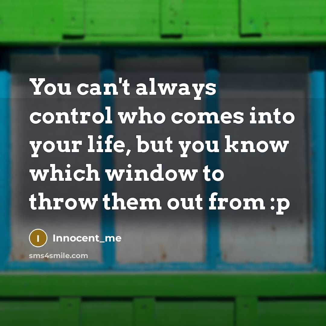“You can't always control who comes into your life, but you know which window to throw them out from :p” quote by Innocent_me