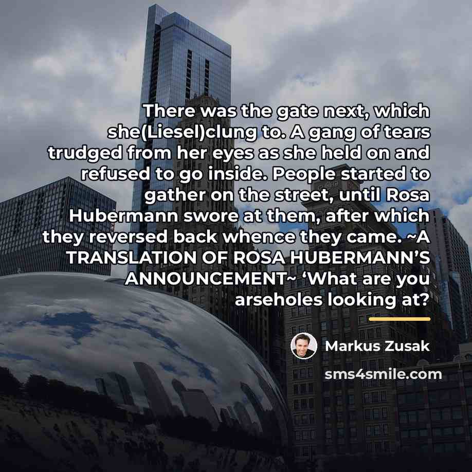 “There was the gate next, which she(Liesel)clung to. A gang…” quote by Markus Zusak