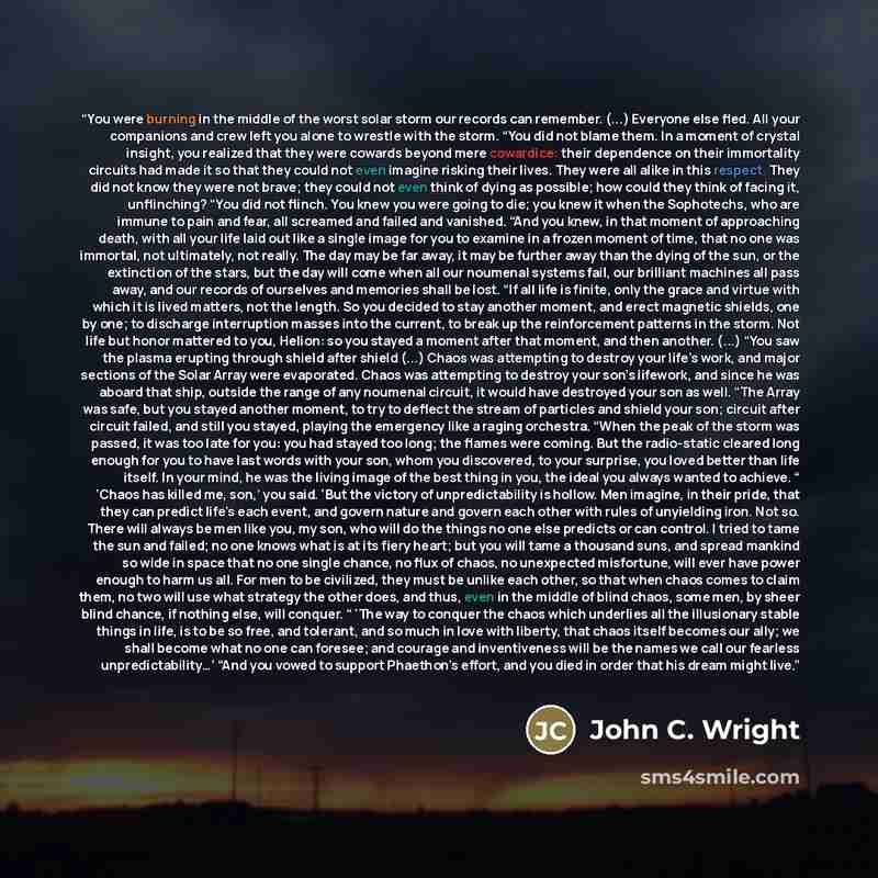 “You were burning in the middle of the worst solar storm our records can remember. (...) Everyone else fled. All your companions and crew left you alone to wrestle with the storm. “You did not blame them. In a moment of crystal insight, you realized that they were cowards beyond mere cowardice…” quote by John C. Wright