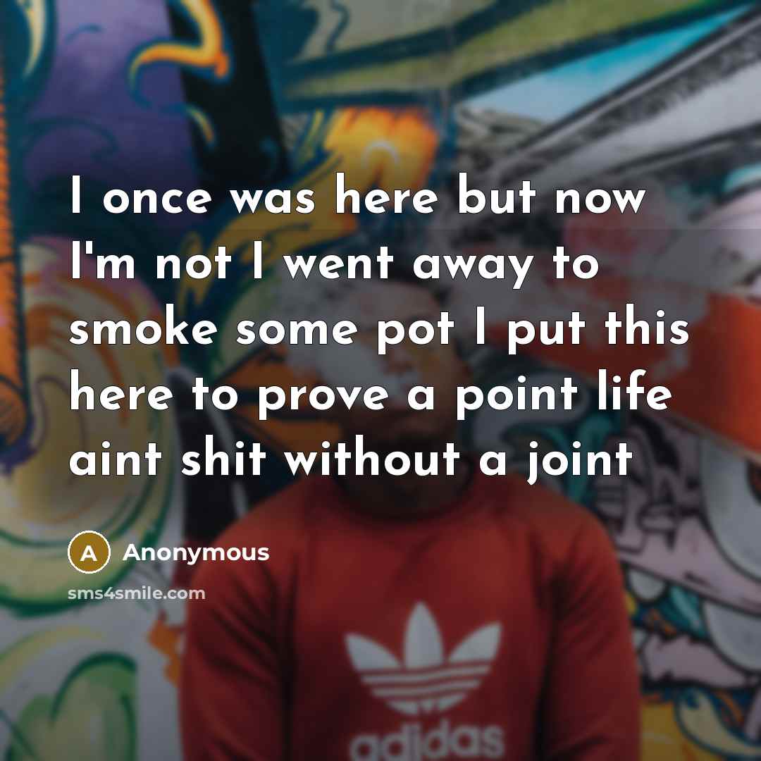 “I once was here but now I'm not I went away to smoke some pot I put this here to prove a point life aint shit without a joint” quote by Anonymous