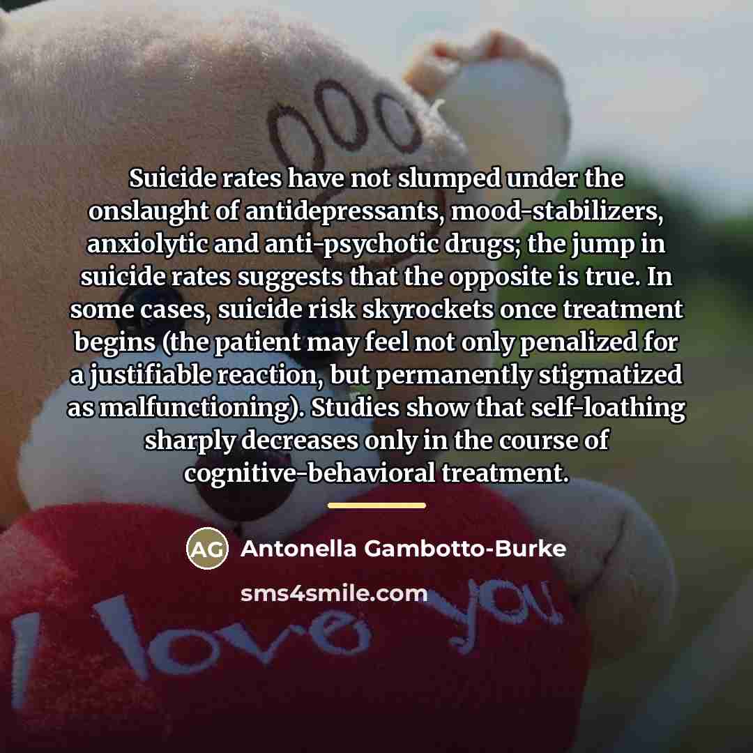 “Suicide rates have not slumped under the onslaught of antidepressants,…” quote by Antonella Gambotto-Burke