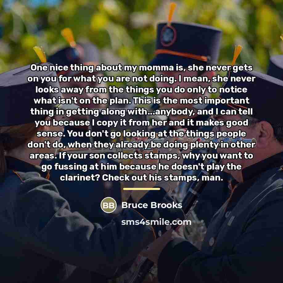 “One nice thing about my momma is, she never gets…” quote by Bruce Brooks