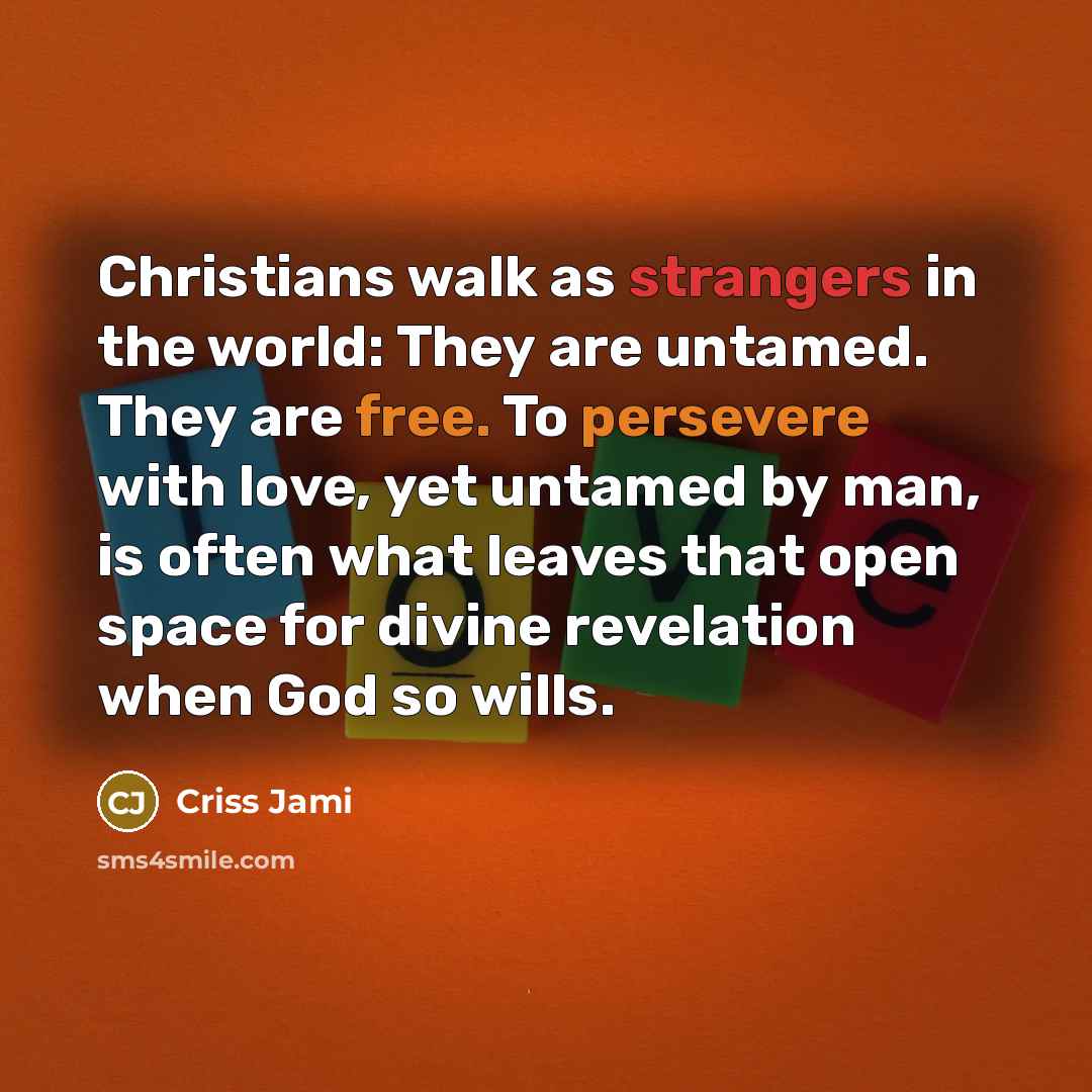 “Christians walk as strangers in the world: They are untamed.…” quote by Criss Jami