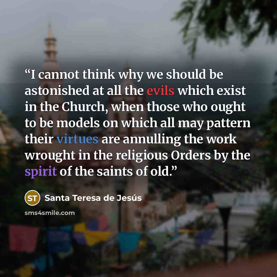“I cannot think why we should be astonished at all the evils which exist in the Church, when those who ought to be models on which all may pattern their virtues are annulling the work wrought in the religious Orders by the spirit of the saints of old.” quote by Santa Teresa de Jesús