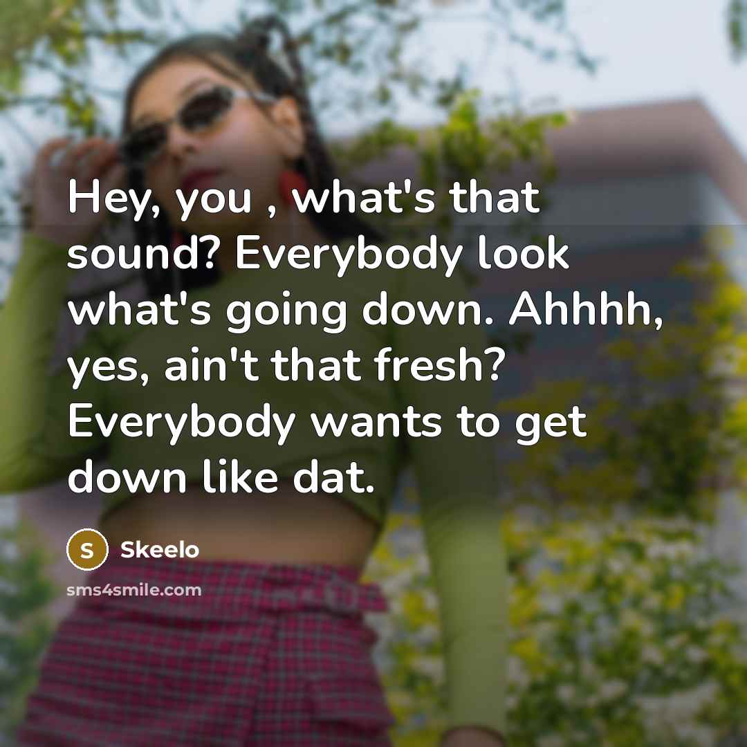 “Hey, you , what's that sound? Everybody look what's going down. Ahhhh, yes, ain't that fresh? Everybody wants to get down like dat.” quote by Skeelo